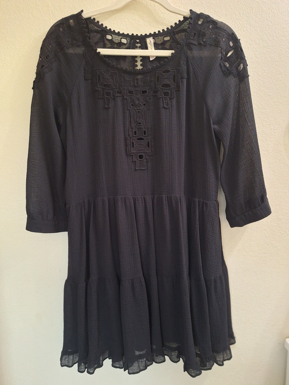 Free People  Sheer Black Whimsogoth Boho Eyelet  Embroidered  Mini Dress, Small